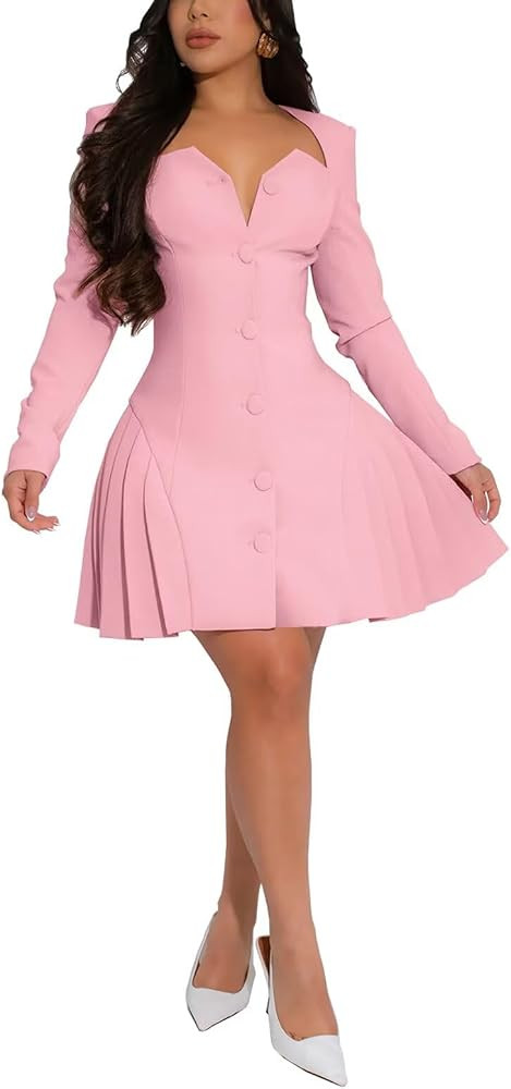 acelyn Womens Sexy Square V Neck Short Wedding Dresses Long Sleeve Button A-Line Pleated Blazer C... | Amazon (US)