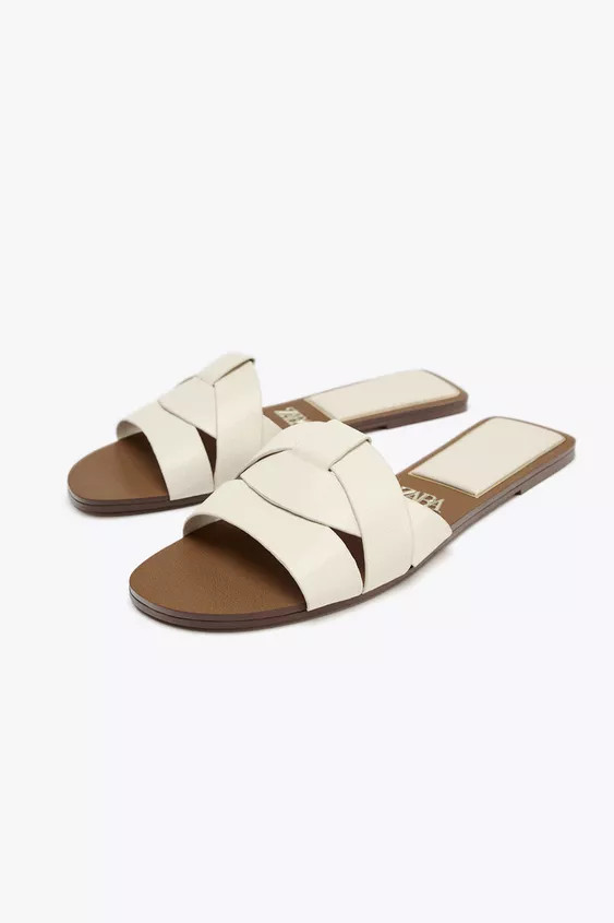 FLAT CRISS-CROSS LEATHER SLIDER SANDALS | Zara UK