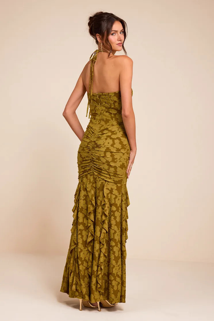 Dimona Olive Floral Burnout Ruched Maxi Dress | Lulus