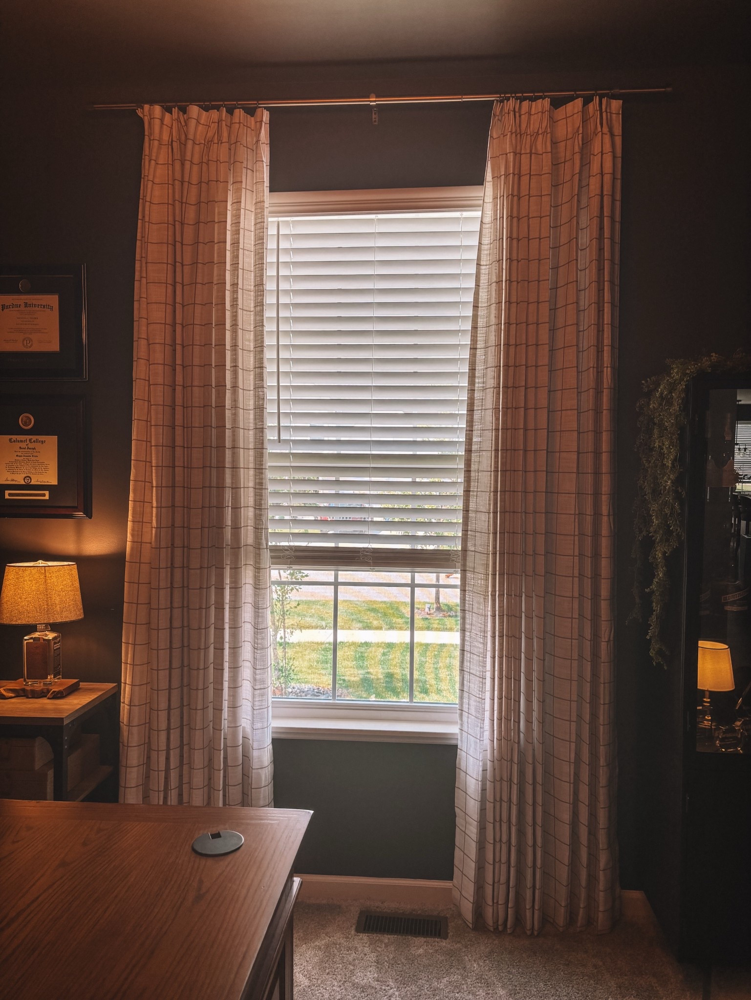 Window pane curtains. Brass curtain rod and rings  