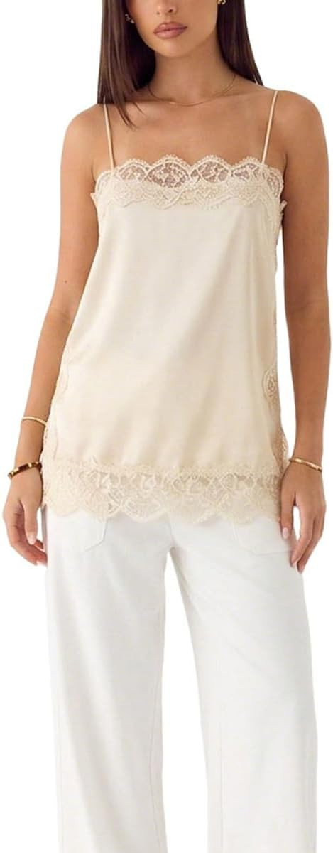 Women Silk Lace Camisole Sexy Satin Spaghetti Strap Tank Top Loose Y2k Going Out Cami Tops | Amazon (US)
