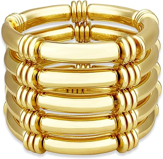 YBMYCM 5PCS Gold Chunky Bangles Bracelets for Women Gold Plated Stackable Layered Curved Bamboo T... | Amazon (US)