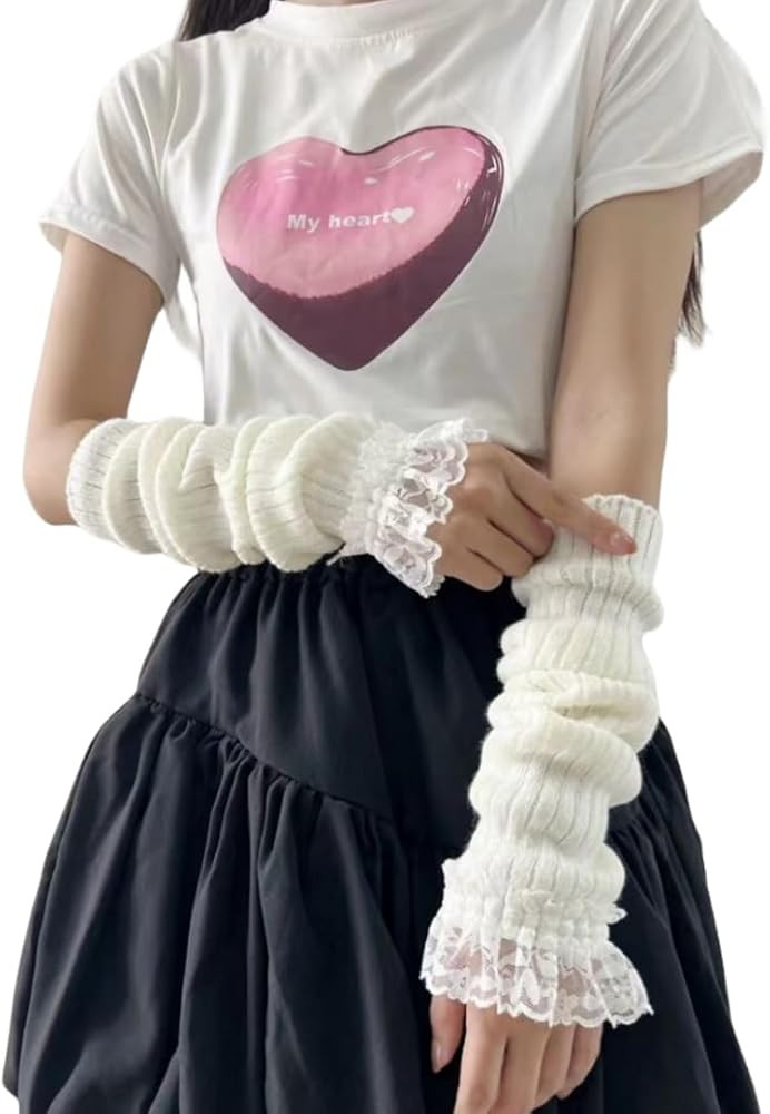 Y2K Women Teens Knit Lace Arm Warmers Japanese Harajuke Cosplay Lolita Cute Knitted Fingerless Gl... | Amazon (US)