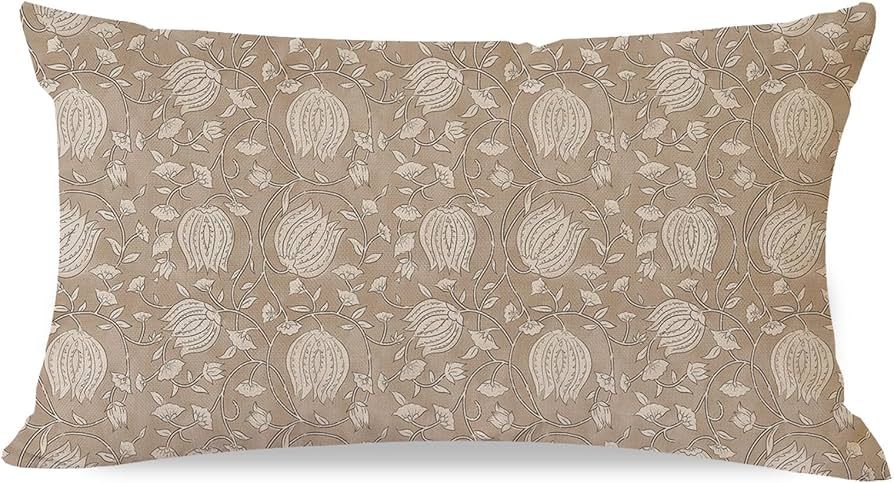 Vintage Floral Block Print Lumbar Decorative Throw Pillow Cover 12x20 Inch Pale Brown Outdoor Cot... | Amazon (US)