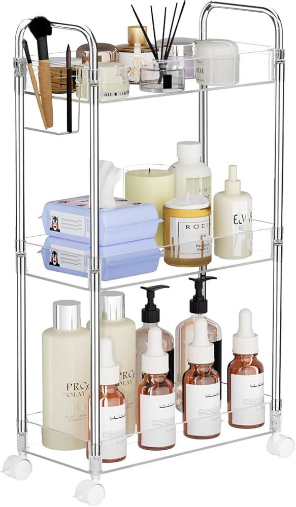 Amazon.com: SPACEKEEPER 3 Tier Acrylic Storage Rolling Cart Clear Bathroom Cart Organizer, Transp... | Amazon (US)