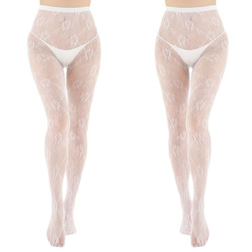 CONUNSUE Women's Patterened Fishnet Tights, 2pcs High Waist Floral Fishnet Stocking, White Rose | Amazon (US)