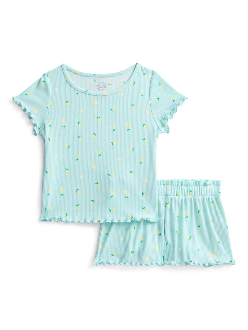 Wonder Nation Girls Ribbed Short Sleeve Top and Shorts Pajama Set, 2-Piece, Sizes 4-18 | Walmart (US)