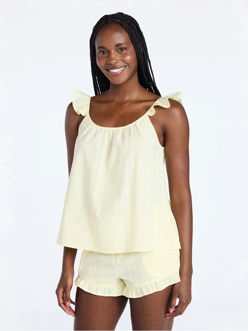 Joyspun Women's Seersucker Sleep Cami and Shorts Set with Ruffle, 2-Piece, Sizes XS-3X | Walmart (US)
