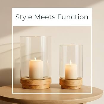 Set of 2 Glass Hurricane Candle Holders with Wooden Bases Rustic and Modern Home Decorative Pilla... | Amazon (US)