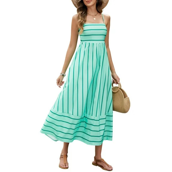 HVEOO Women Boho Long Dress Spaghetti Strap Flowy Maxi Dress Beach A Line Sundress, Green | Walmart (US)