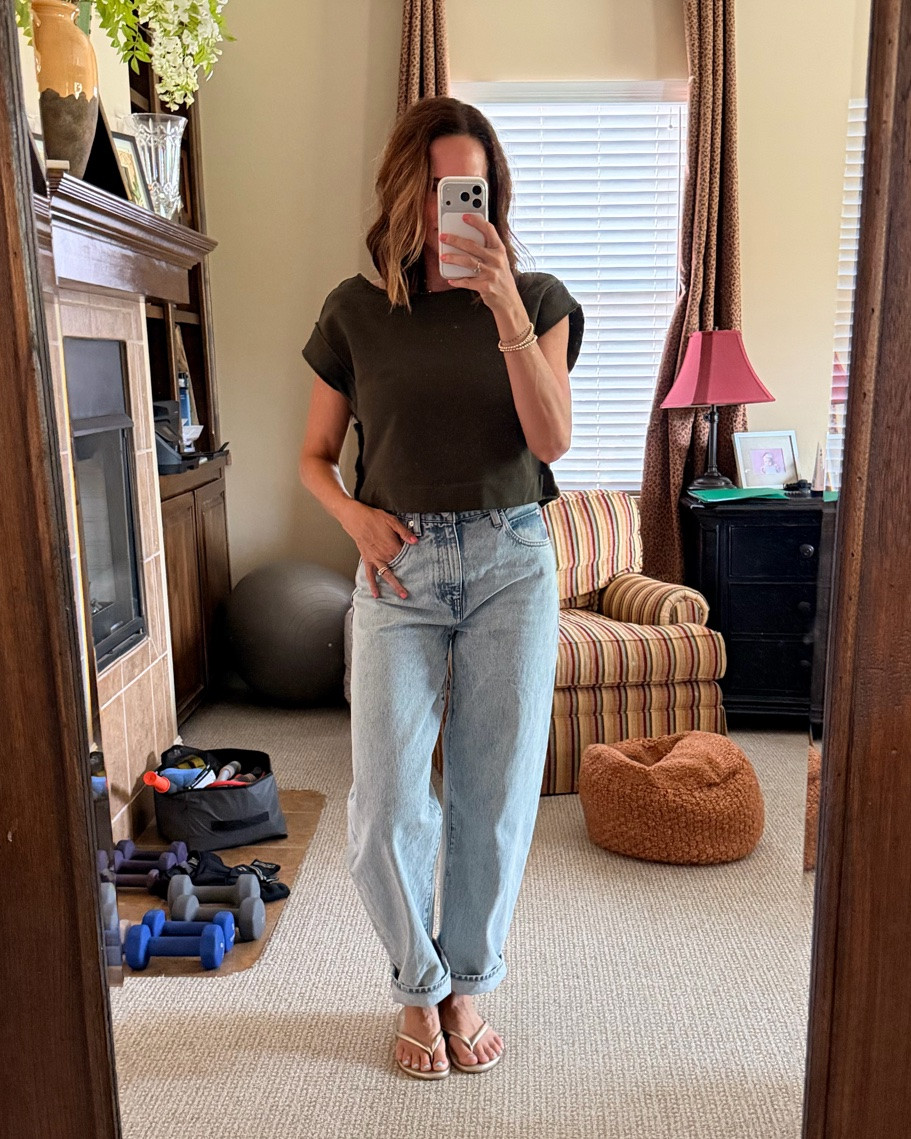 Ridged denim, barrel jean.  I sized down and they fit well with rigid denim.  I actually liked my true to size in store (slightly more relaxed at the waist), but I accidentally grabbed the 26…and now I own the 26.  lol.

#LTKootd #LTKOver40 #LTKTall