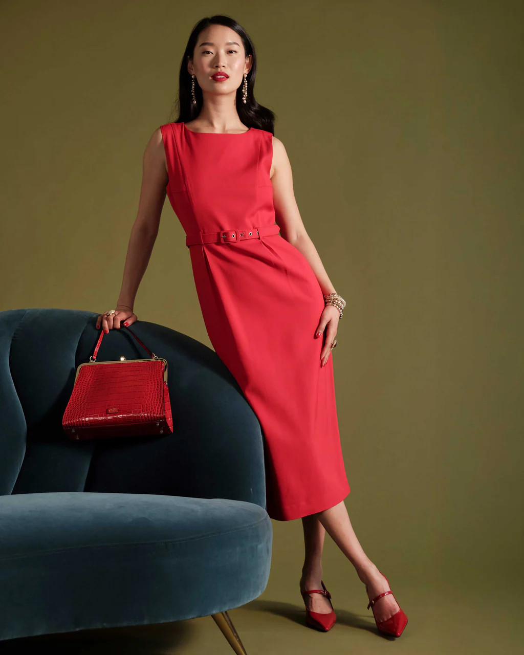 Audrey Belted Midi Dress - Red | Frances Valentine