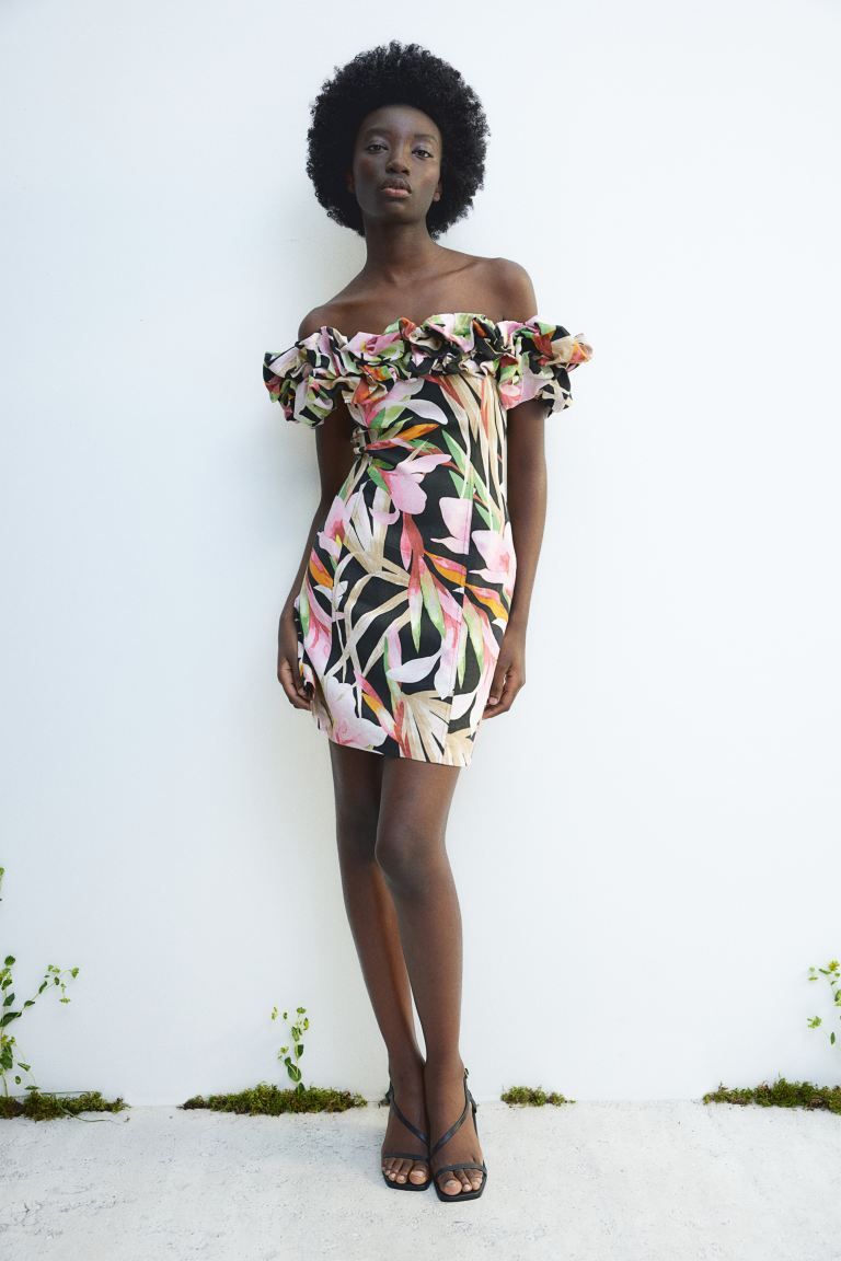 Ruffled Off-the-shoulder Dress - Sleeveless - Short - Black/floral - Ladies | H&M US | H&M (US + CA)