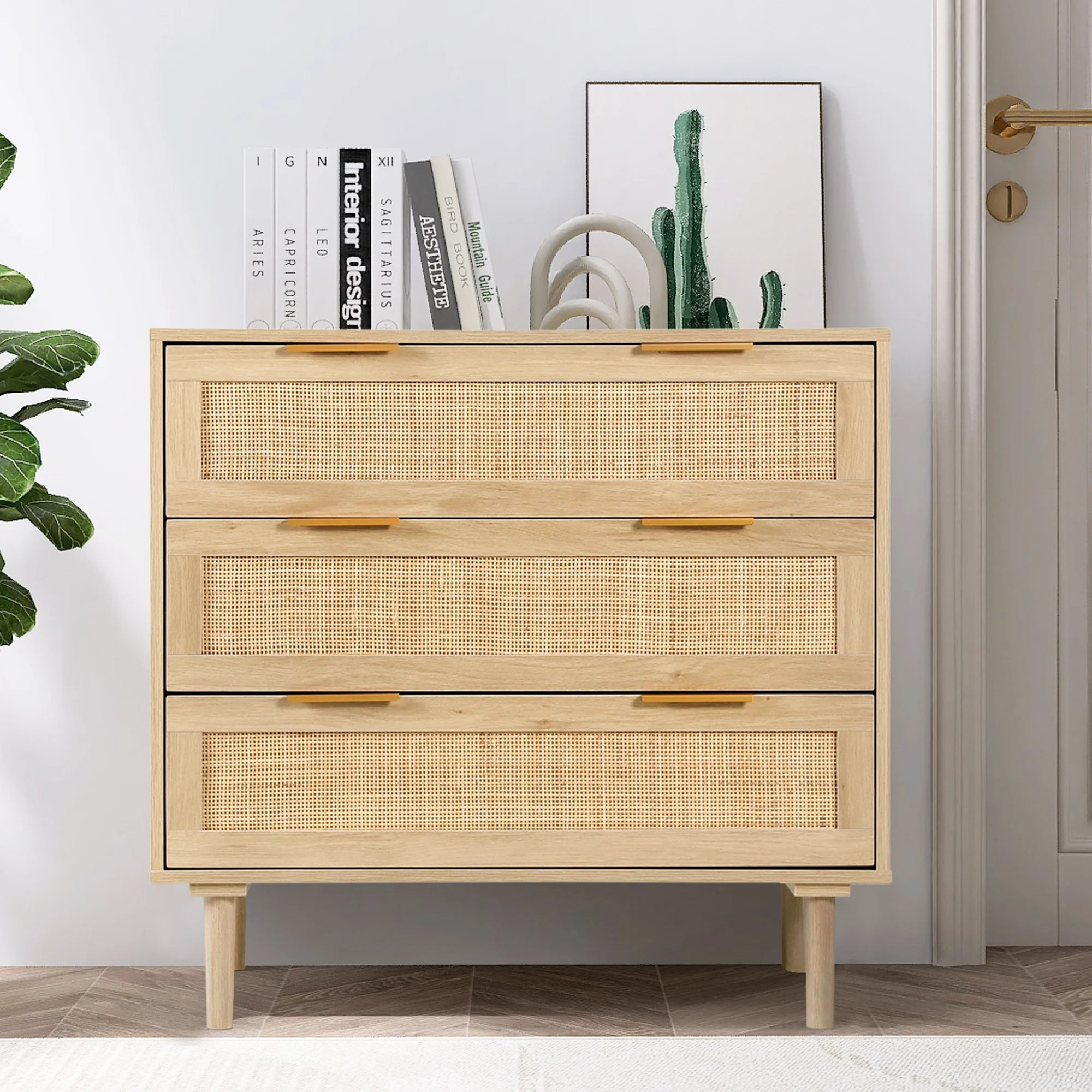 LAZZO 3 Drawer Dresser for Bedroom, Rattan Dresser, Wood Oak - Walmart.com | Walmart (US)