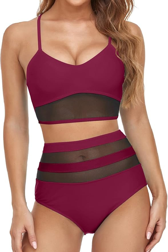 Husmeu Women's High Waisted Bikini Set Swimsuit for Women Tummy Control Two Piece Swimwear Mesh P... | Amazon (US)