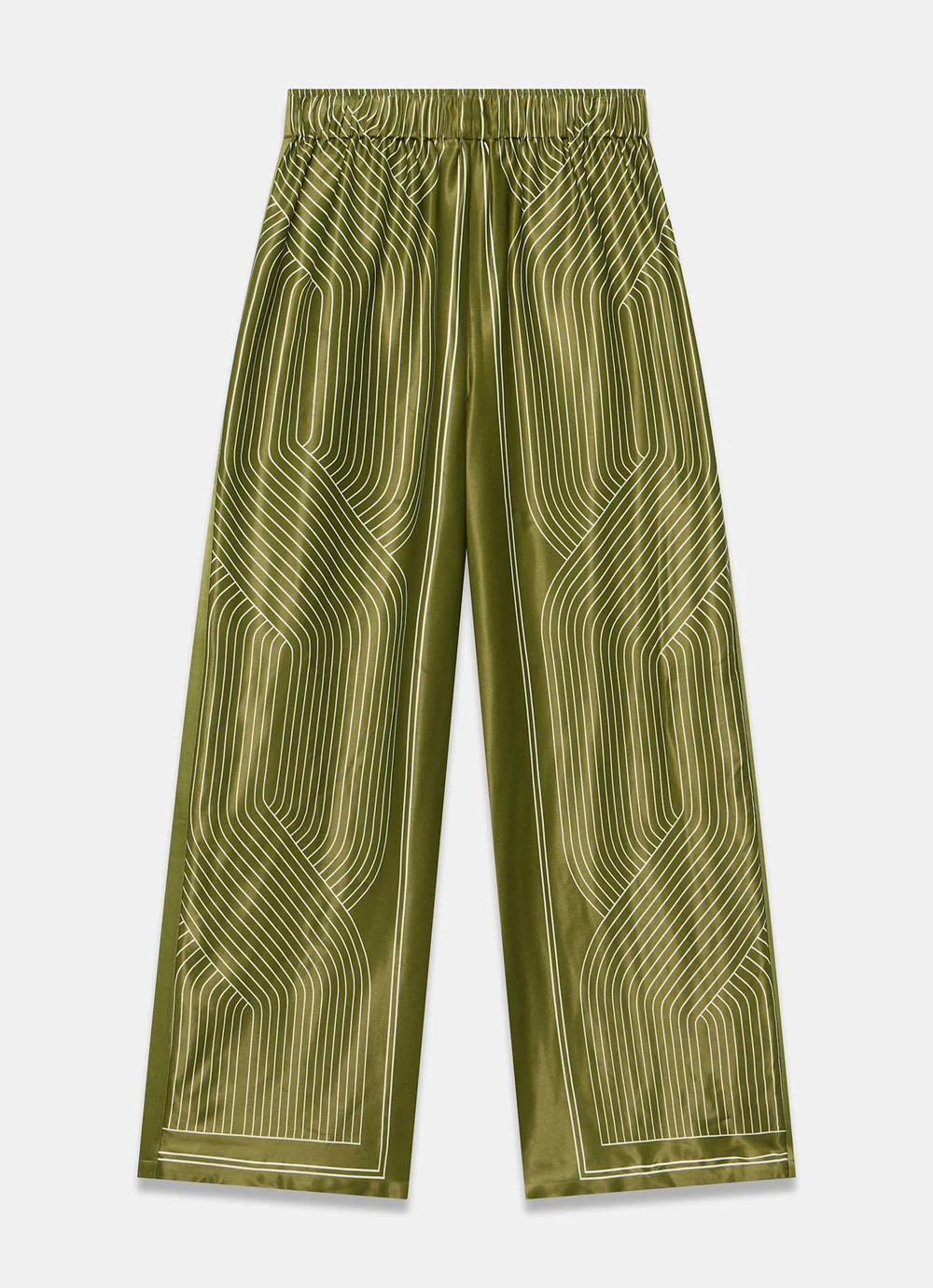 Olive Green Satin Printed Wide Trousers | Mint Velvet