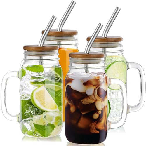 DRASTAR Mason Jar Cups, 24oz Iced Coffee Cups Set of 4, Glass Cups with Lids and Straws, Mason Jars with Handles, Mason Jar Drinking Glasses | Amazon (US)
