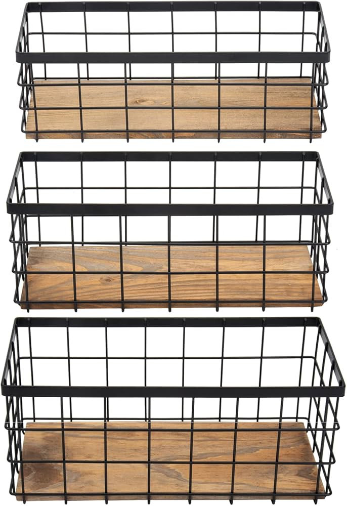 TIEYIPIN Farmhouse Decor Metal Wire Storage Baskets, Wood Base Containers Organizing Basket Caddy... | Amazon (US)