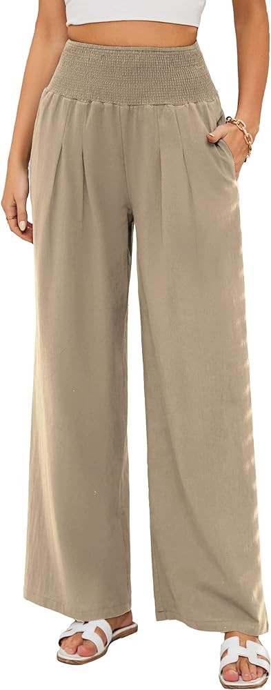 Famulily Linen Pants Women Casual Wide Leg Loose High Waist Smocked Trouser Comfy Elastic Palazzo... | Amazon (CA)