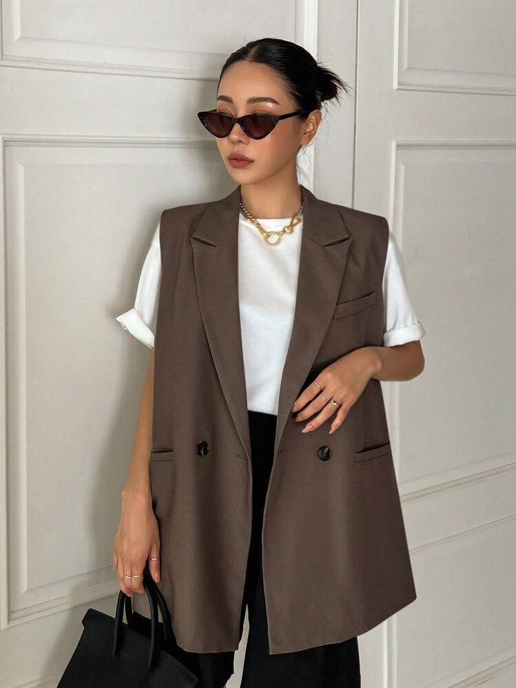 DAZY Blazer Sin Mangas De Unicolor Para Uso Diario Y Atuendo De Negocios Para Mujeres | SHEIN