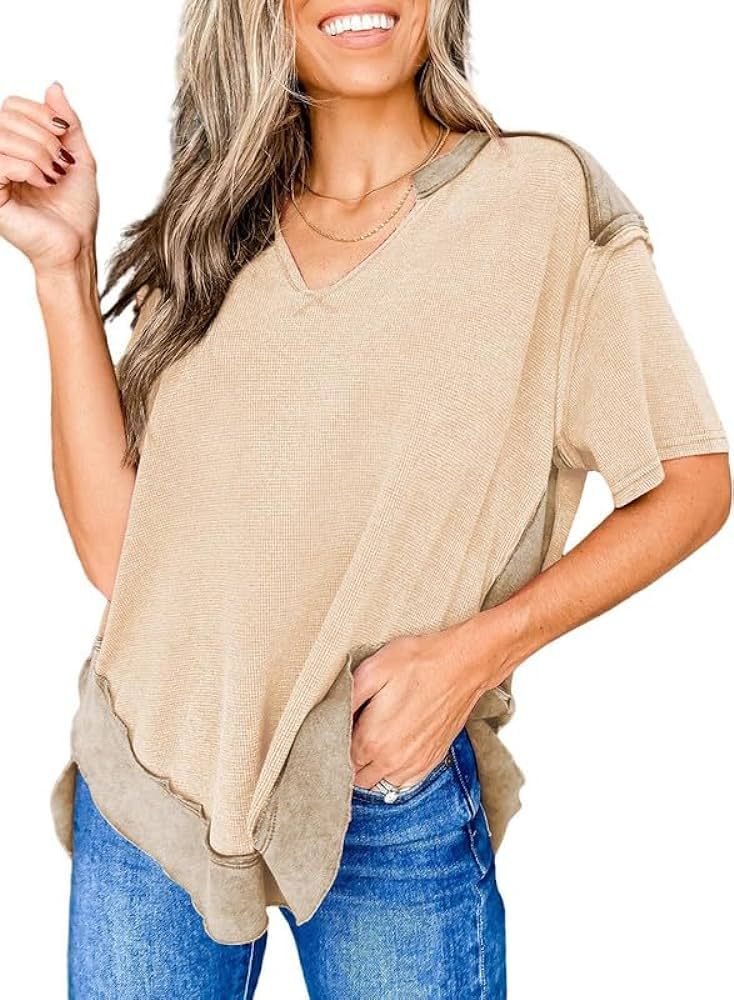 SHEWIN Women's Fashion Oversized T Shirts Casual Short Sleeve Henley Neck Summer Tops Tees | Amazon (US)