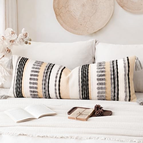 NUYECY Chenille and Cotton Long Pillow for Bed, Striped Textured Boho Lumbar Throw Pillow Cover 16x36, Neutral Accent Decorative Extra Long Body Pillow Case for Couch, Sofa, Bedroom, Grey | Amazon (US)