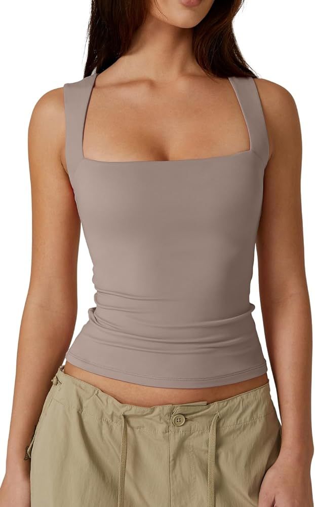 QINSEN Women's Square Neck Sleeveless Double-Layer Tank Tops Basic Tight T Shirts | Amazon (US)