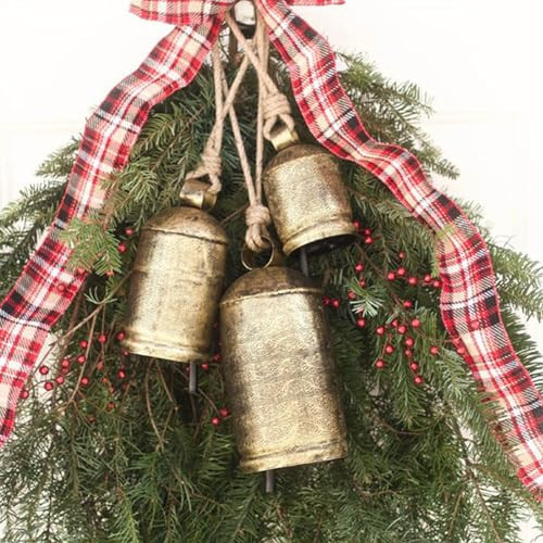 Brass Cow Bells Shabby Chic Country Style Rustic Metal Hanging Handicrafts Vintage Giant Gold Cow Bells for Holiday Christmas Lucky Wind Bells Decor (Set of 3 （A+B+C）) | Amazon (US)
