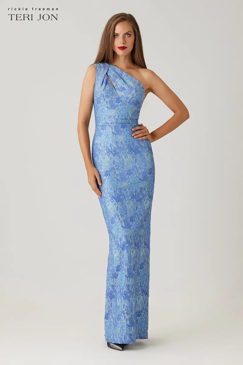 Stretch Jacquard Print One Shoulder Gown | TERI JON