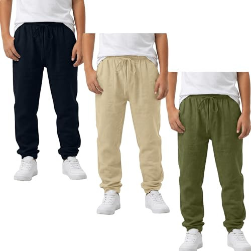 3 Pack Boys Linen Pants Straight Leg Open Bottom Jogger Pants with Pockets Summer Casual Beach Trousers for Kids 6-17 Years | Amazon (US)