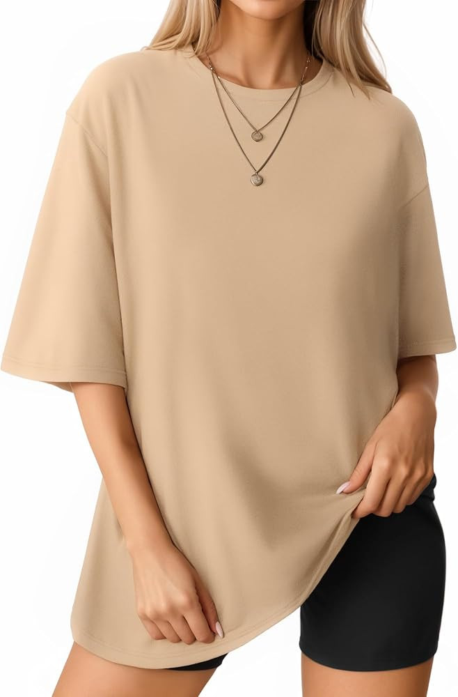 MANGOPOP Women's Oversized T Shirts Short Sleeve Crewneck Loose Fit Tops Summer Basic Gym Workout... | Amazon (US)