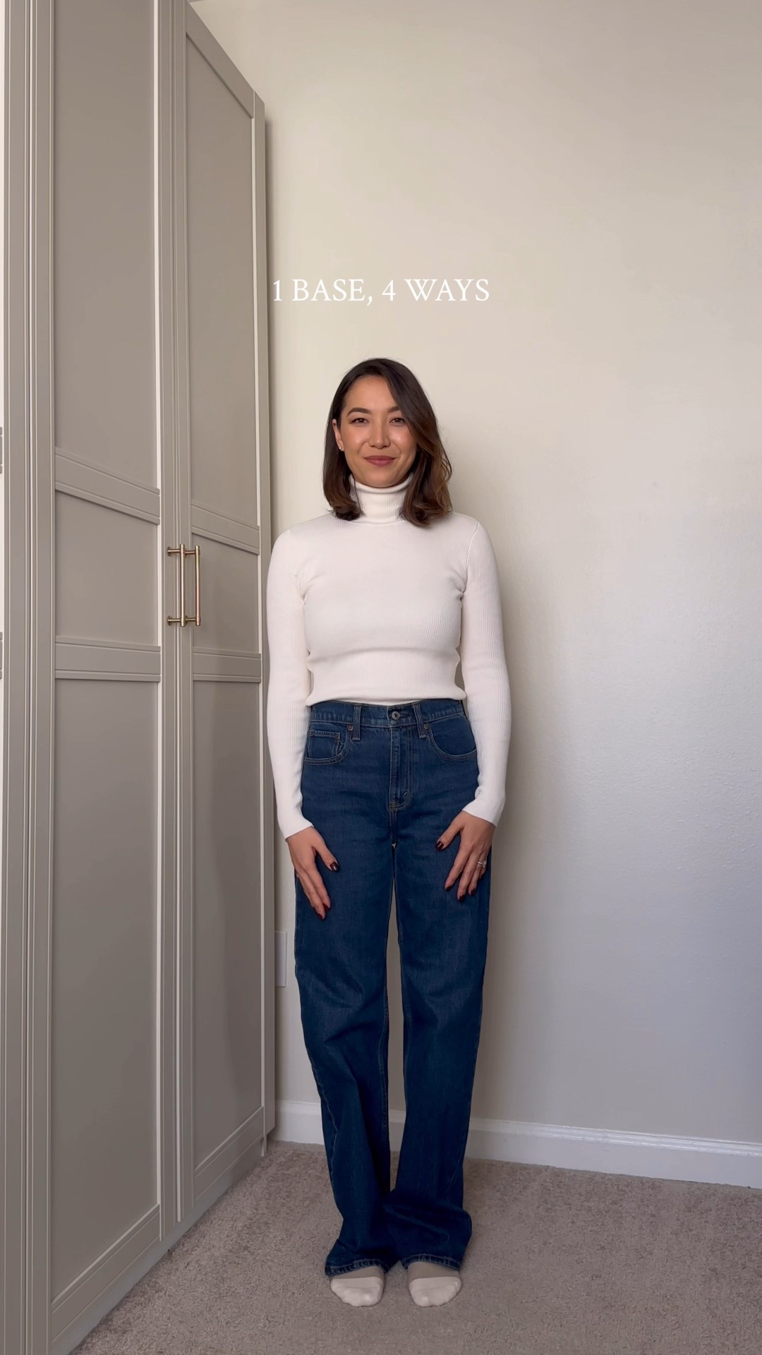 1 base , 4 outfits 

Abercrombie jeans - wearing 25 reg but short would be a more versatile length! I’d recommend extra short for under 5’4”

Going out / shopping / dinner/ cozy / office outfit 
