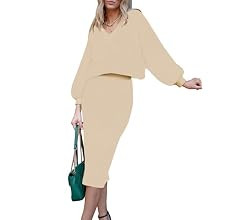 Pink Queen Women's 2 Piece Outfits Set Knit V Neck Batwing Long Sleeve Loose Top Bodycon Midi Ski... | Amazon (US)
