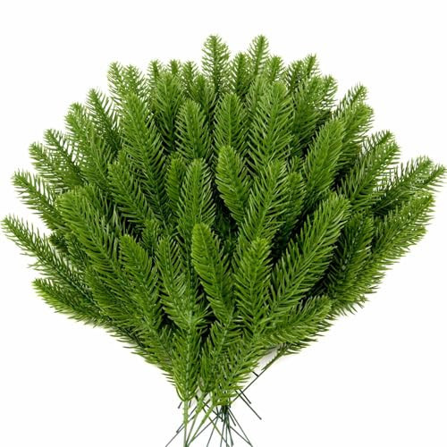100 Pcs Artificial Pine Branches, Christmas Tree Filler Branches Green Plants Christmas Greenery Evergreen Pine Picks Stems Faux Pine Needle Branches for Christmas Tree Garland Wreath Decorating | Amazon (US)