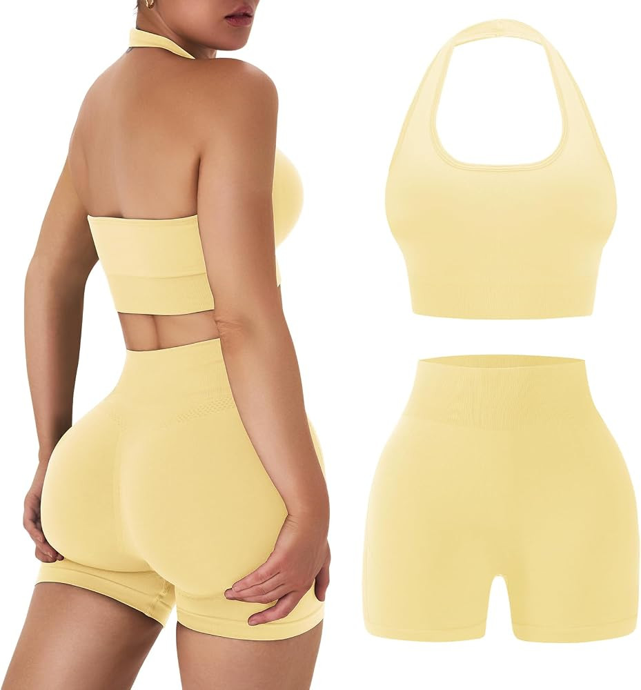 Womens Workout Sets 2 Piece Halter Sports Bra Scrunch Butt Shorts | Amazon (US)
