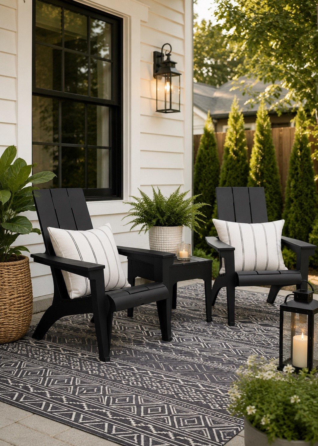 Patio Furniture made simple. Simple patio upgrades are my favorite kind 🤍 These Resin Stackable Adirondack Chairs  are such an easy way to make your back patio feel cozy, elevated, and put together without spending a fortune. Added a few neutral pillows and an outdoor rug and now I never want to come inside. 🖤

#LTKHome #LTKSwim #LTKmomlife