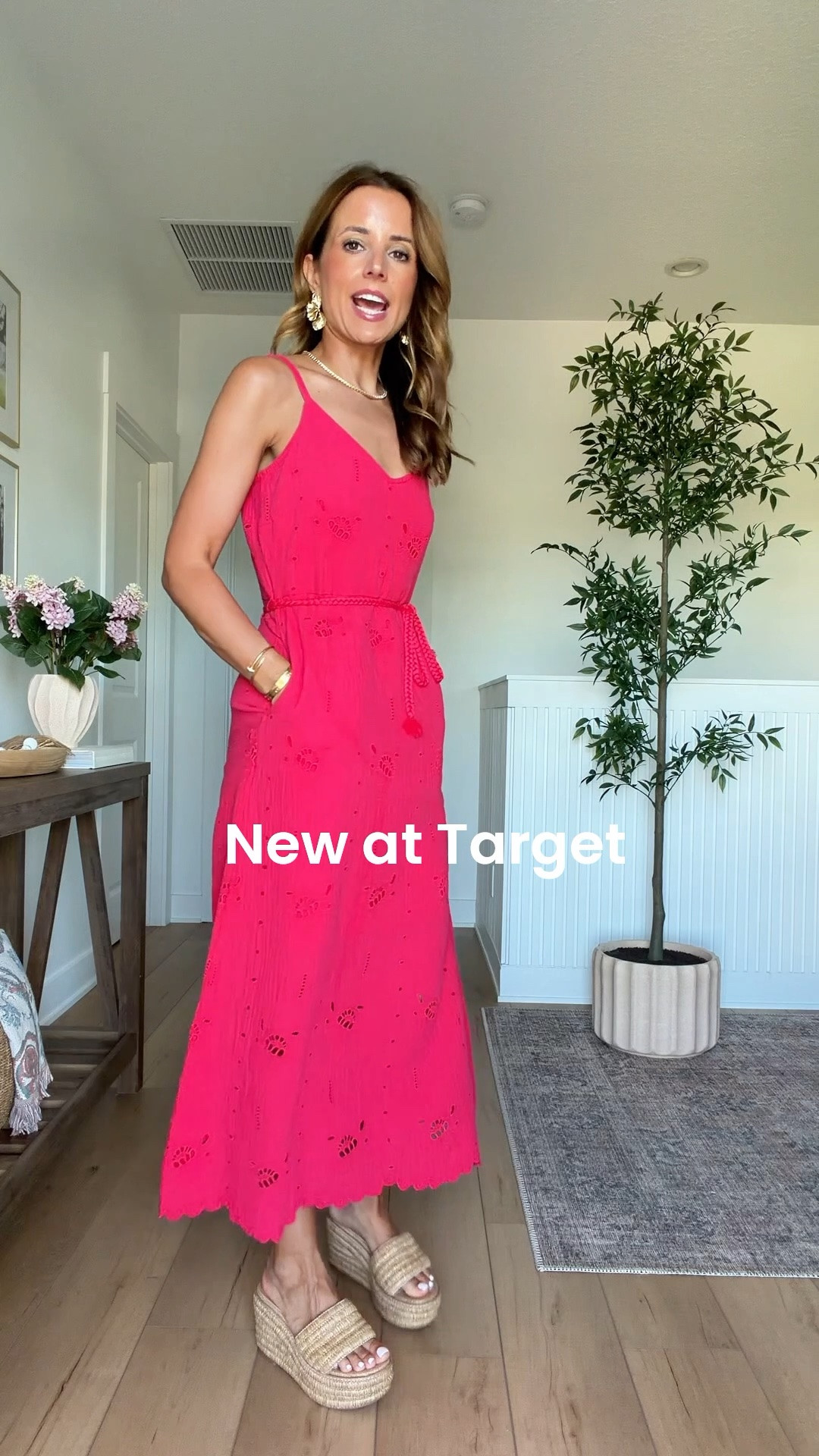 New at Target! I love this eyelet midi dress for vacation and summer. It has a liner and can be worn as an outfit or as a coverup! Resort wear. Resort outfit. Vacation dress. Vacation outfit. Neutral dress. Summer dress. Cruise outfit. I went up half a size in wedges. Wearing XS with adjustable straps. 

#LTKootd #LTKTravel #LTKSwim