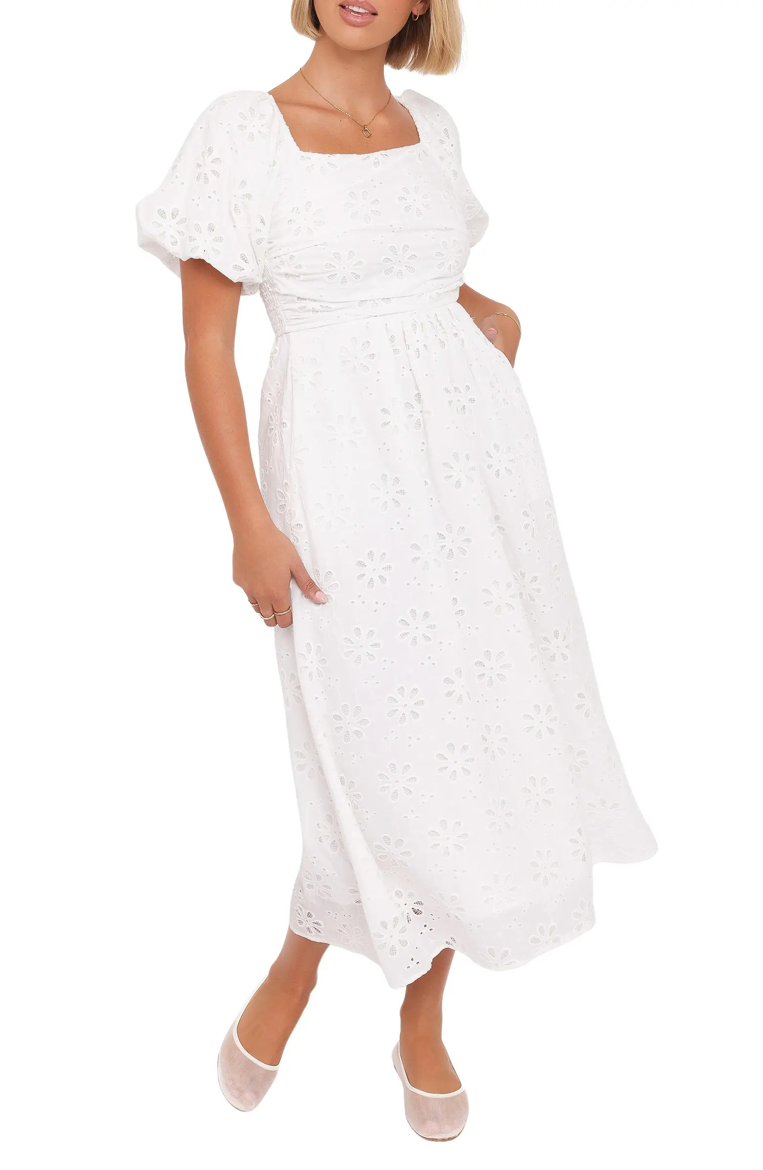 Clo Floral Eyelet Puff Sleeve Cotton Midi Dress | Nordstrom