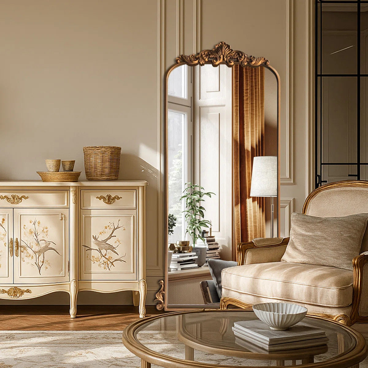 47.2“L x 22"W French Baroque Full Length Mirror, Ornate Gold Arch Floor Mirror for Bedroom, | Wayfair North America