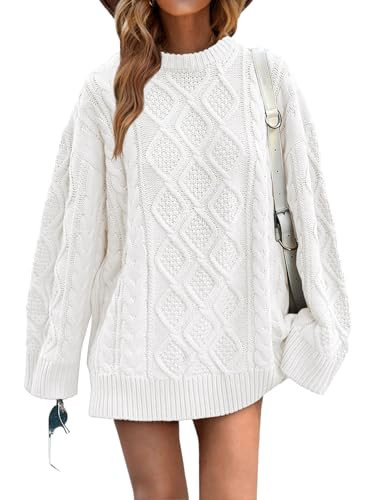 Saodimallsu Womens Oversized Sweaters Cable Knit Chunky Crew Neck Long Sleeve Loose Tunic Pullover Sweater White | Amazon (US)