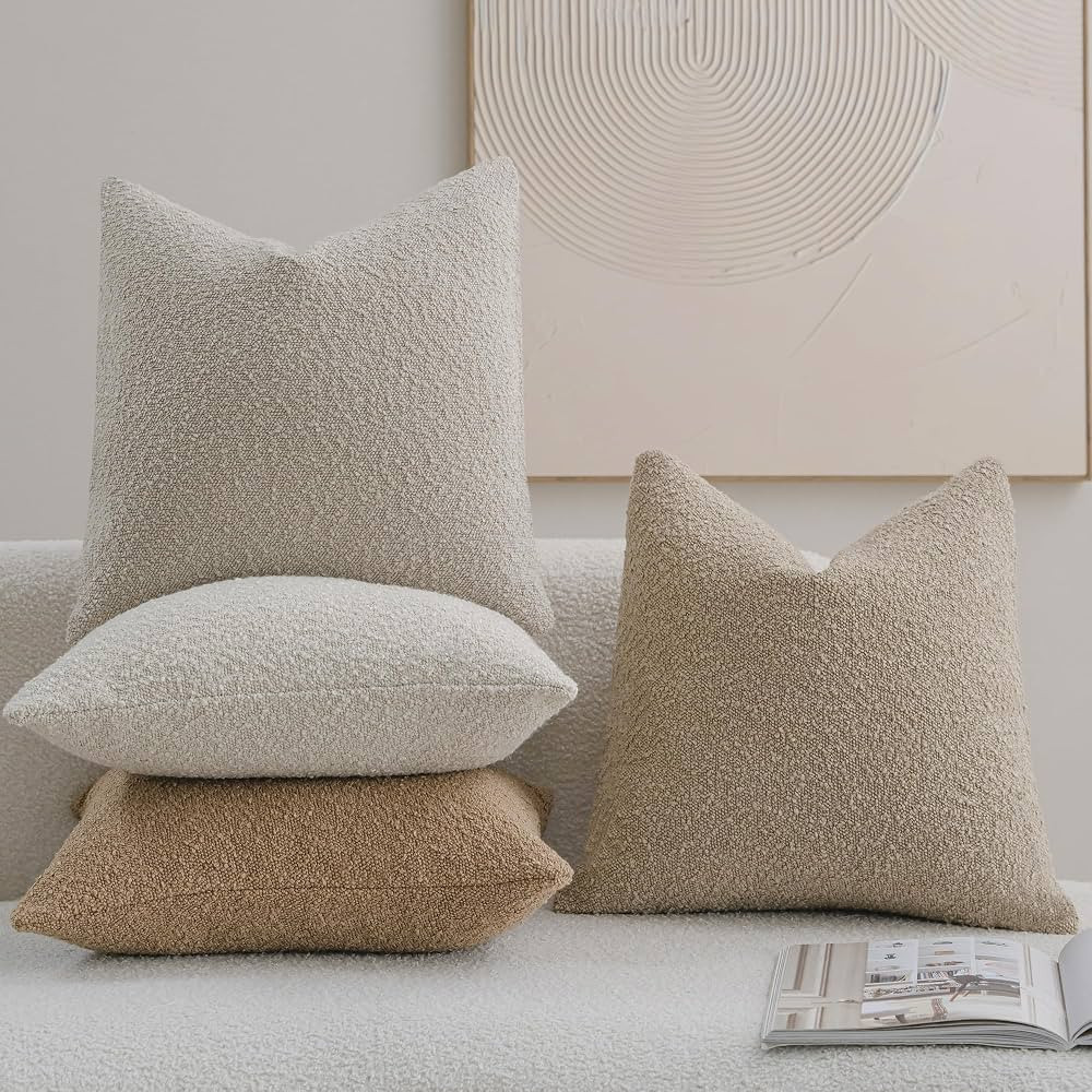 DEZENE Pack of 4 Textured Boucle Throw Pillow Covers 18x18 Neutral for Bed Couch Sofa Living Room... | Amazon (US)