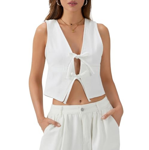 Women's Denim Vest Top Tie-up Front Sexy Low Cut Sleeveless Jean Tank Top Summer Going Out Top (White, L) | Amazon (US)