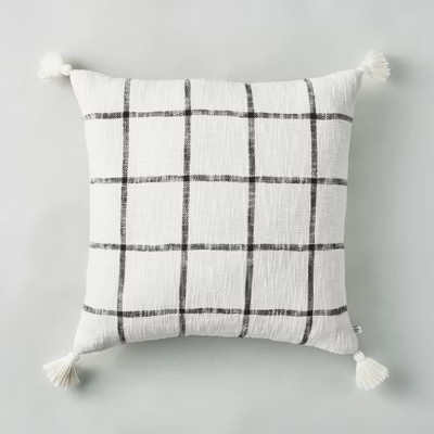 24" x 24" Woven Slub Checkered Throw Pillow with Tassels Gray/Sour Cream - Hearth & H... | Target