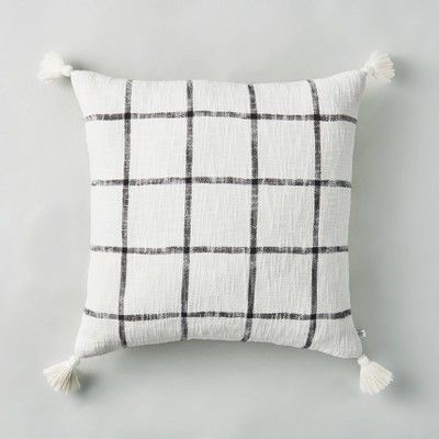 24" x 24" Woven Slub Checkered Throw Pillow with Tassels Gray/Sour Cream - Hearth & Hand™ with ... | Target