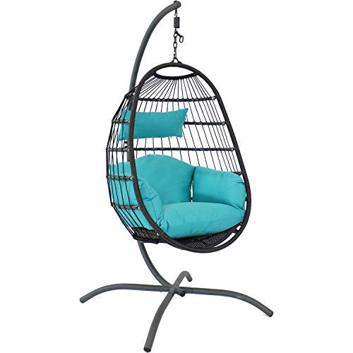 Sunnydaze Penelope Hanging Egg Chair with Turquoise Seat Cushions and Steel Stand - Black Wicker Chair - 78-Inch | Amazon (US)