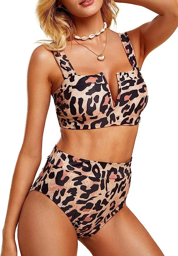 Saodimallsu Womens Sexy Two Piece Leopard Printed Swimsuits High Waisted High Cut Padded Bikini S... | Amazon (US)