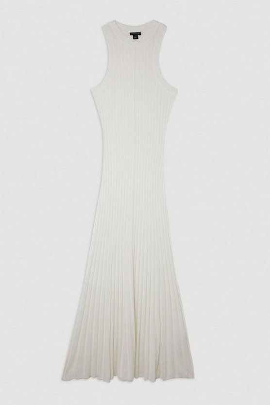 Linen Blend Racer Neck Full Skirt Knit Dress | Karen Millen US