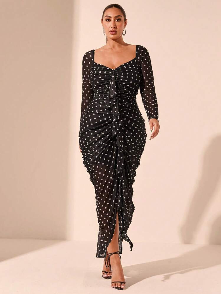 SHEIN BAE Plus Size Autumn And Winter Polka Dot Print Elegant Ruffle Long Sleeve Dress Suitable For Dating, Party, Afternoon Tea | SHEIN