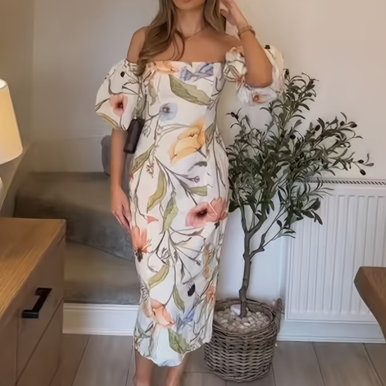 women's elegant floral print shoulder dress puff sleeves - Temu Canada | Temu Affiliate Program