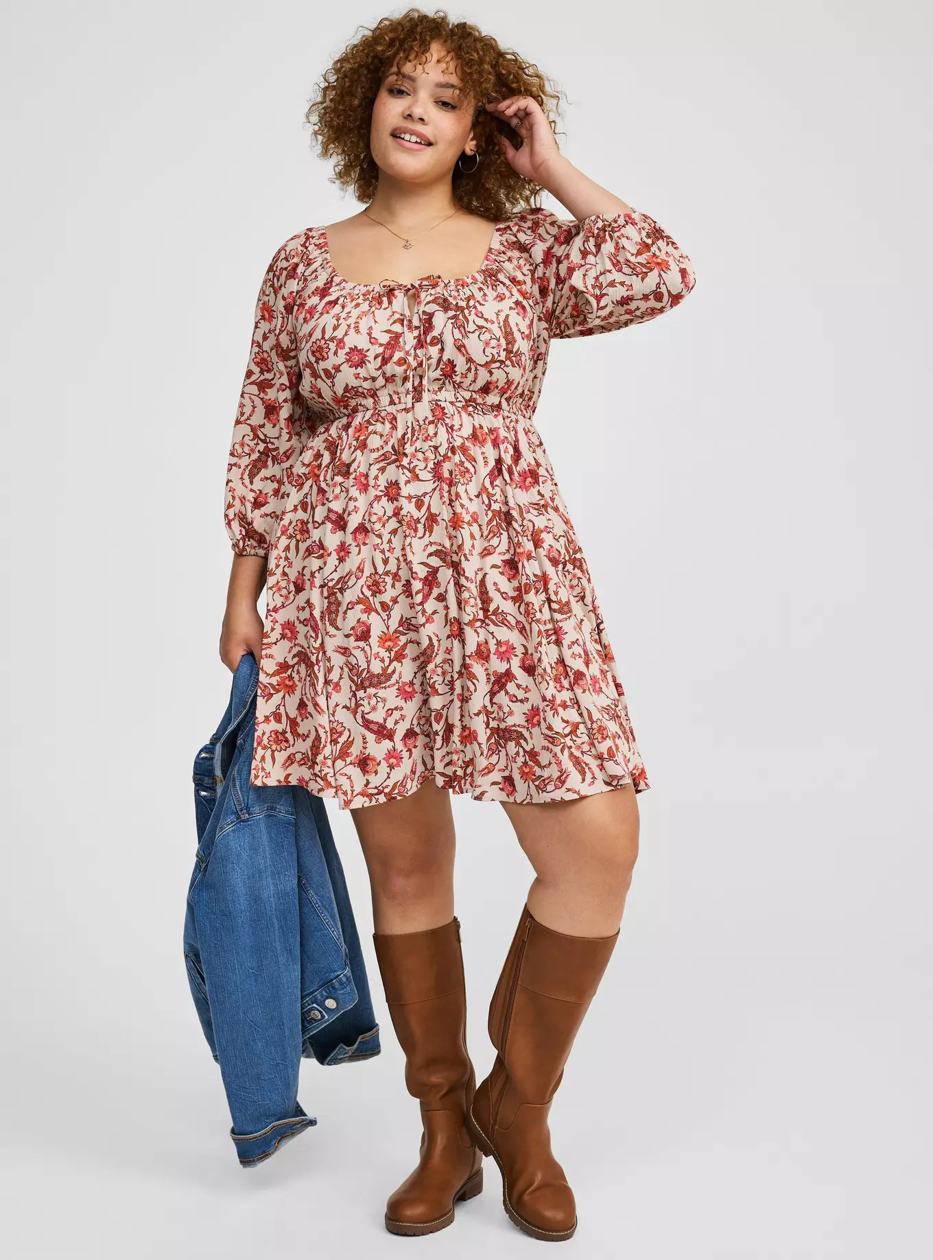 Mini 3/4 Sleeve Tie Front Detail Babydoll Dress | Torrid (US & Canada)